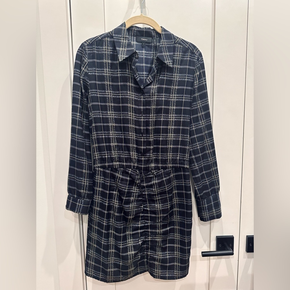 Theory Asymmetrical Plaid Drape Shirtdress Petite XS 0